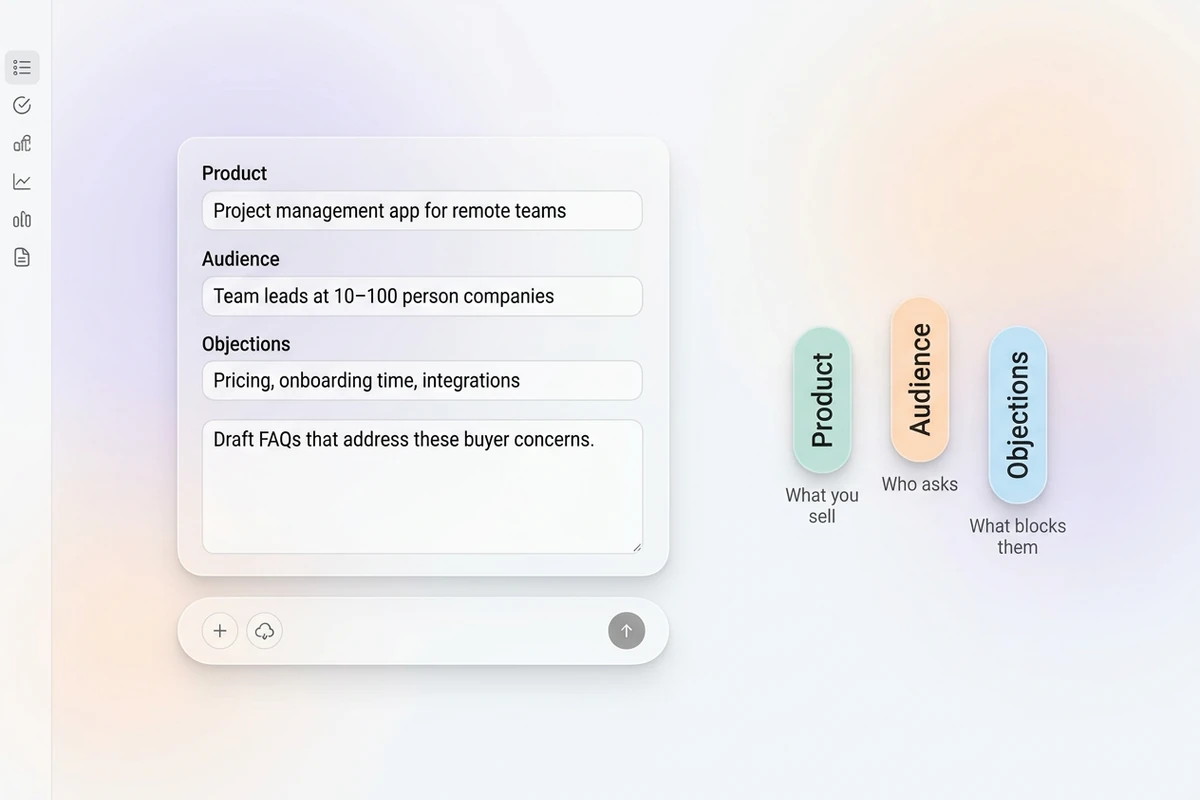 Asymmetric soft composer with product, audience, and objections fields beside Product, Audience, and Objections chips.