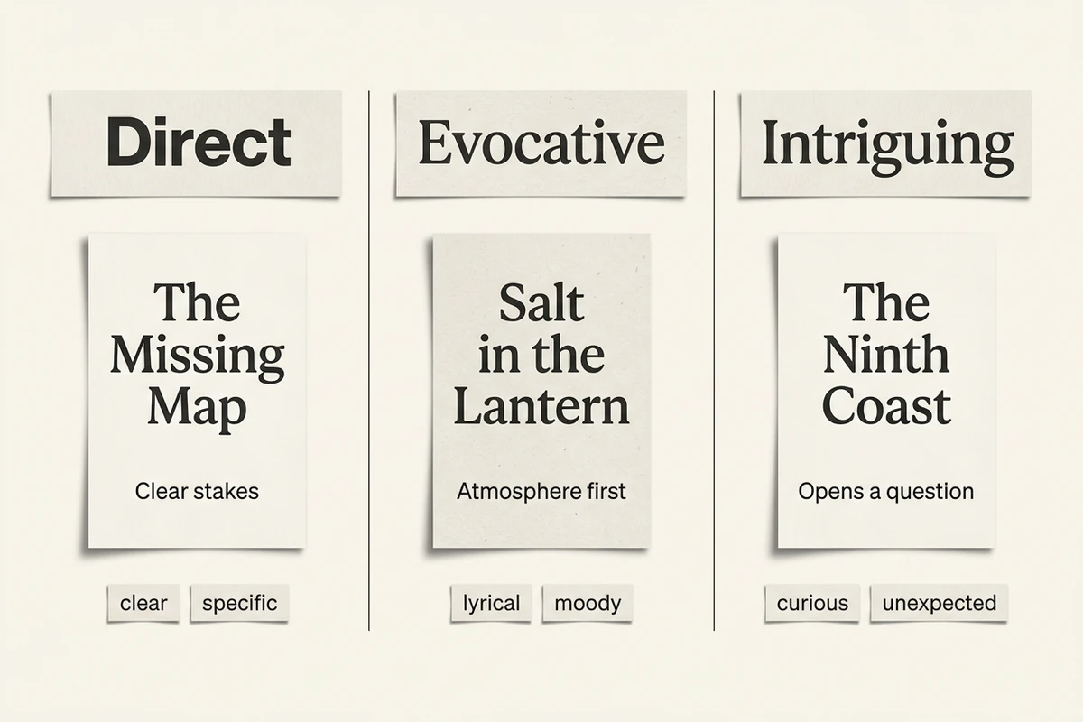 Three columns compare direct, evocative, and intriguing fictional book title directions with concise reasons and keywords.