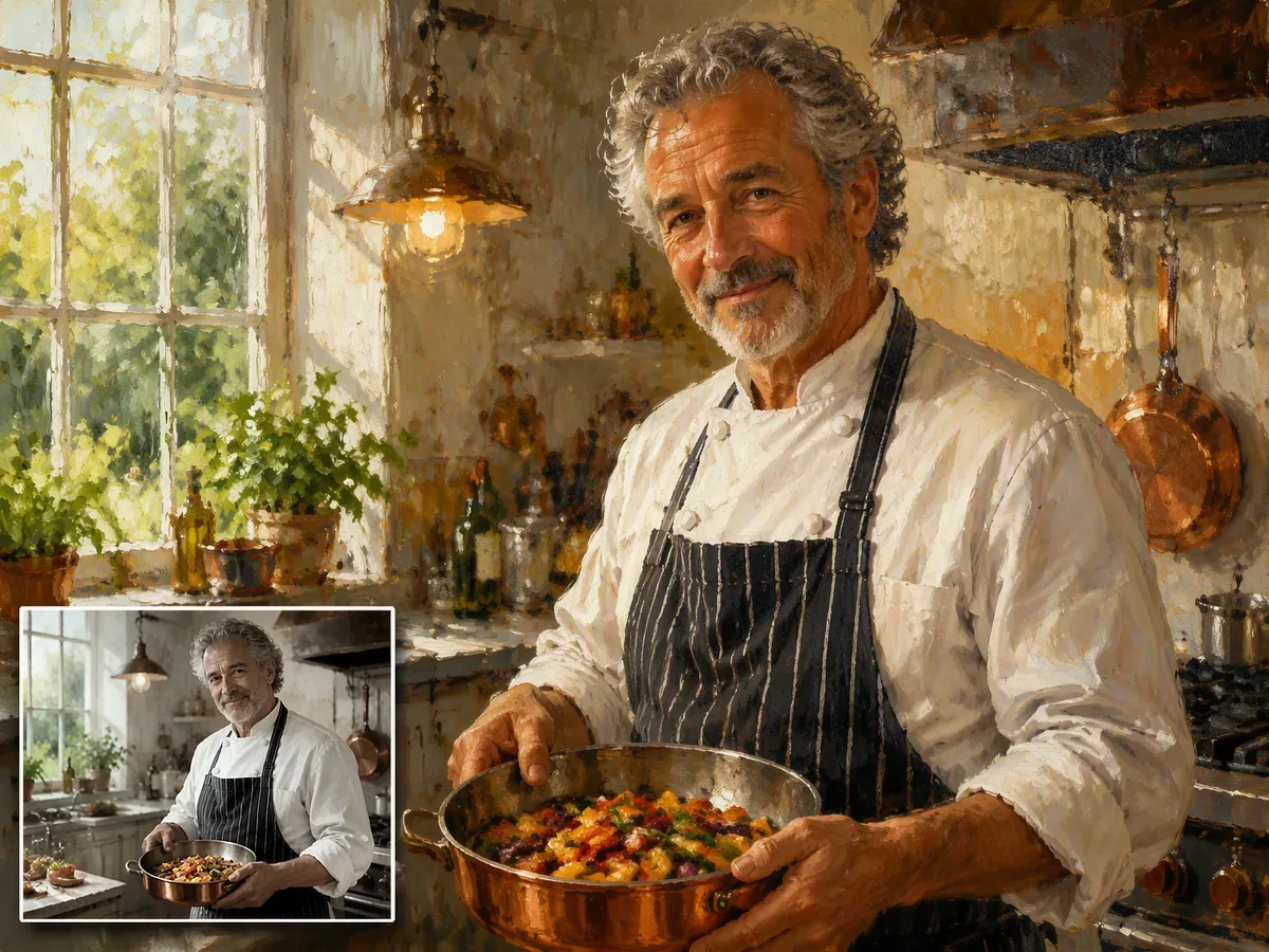 Before-and-after photo-to-oil-painting comparison of an older chef holding a copper pan, with the original photo inset at bottom left.