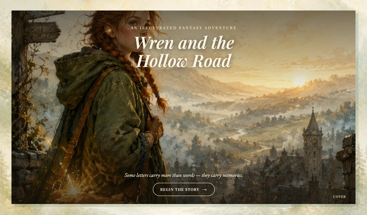 Finished illustrated fantasy story cover for Wren and the Hollow Road shown on a light editorial fantasy backdrop