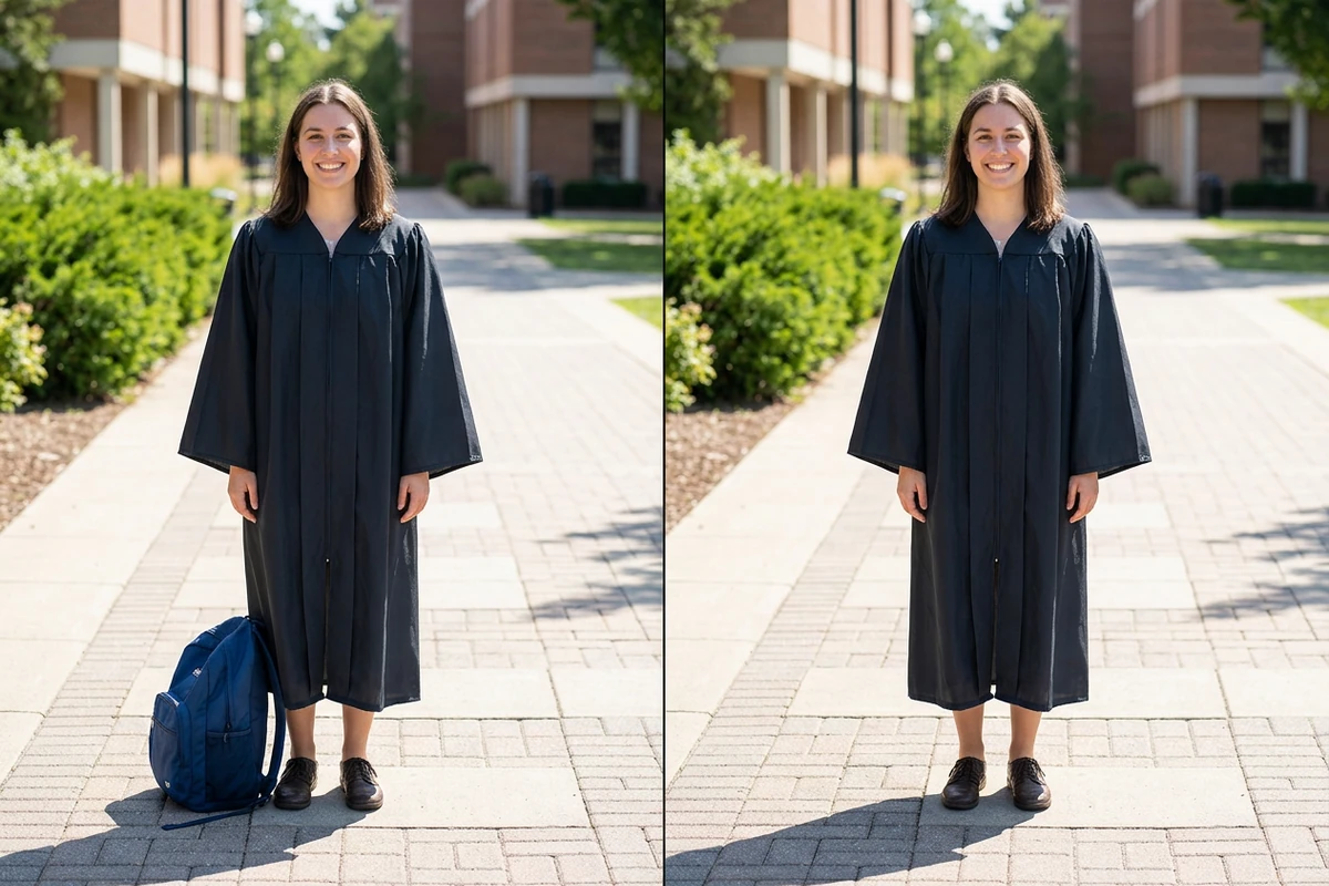 Illustrative side-by-side graduation portrait with a blue backpack beside the graduate on the left and the backpack removed on the right.