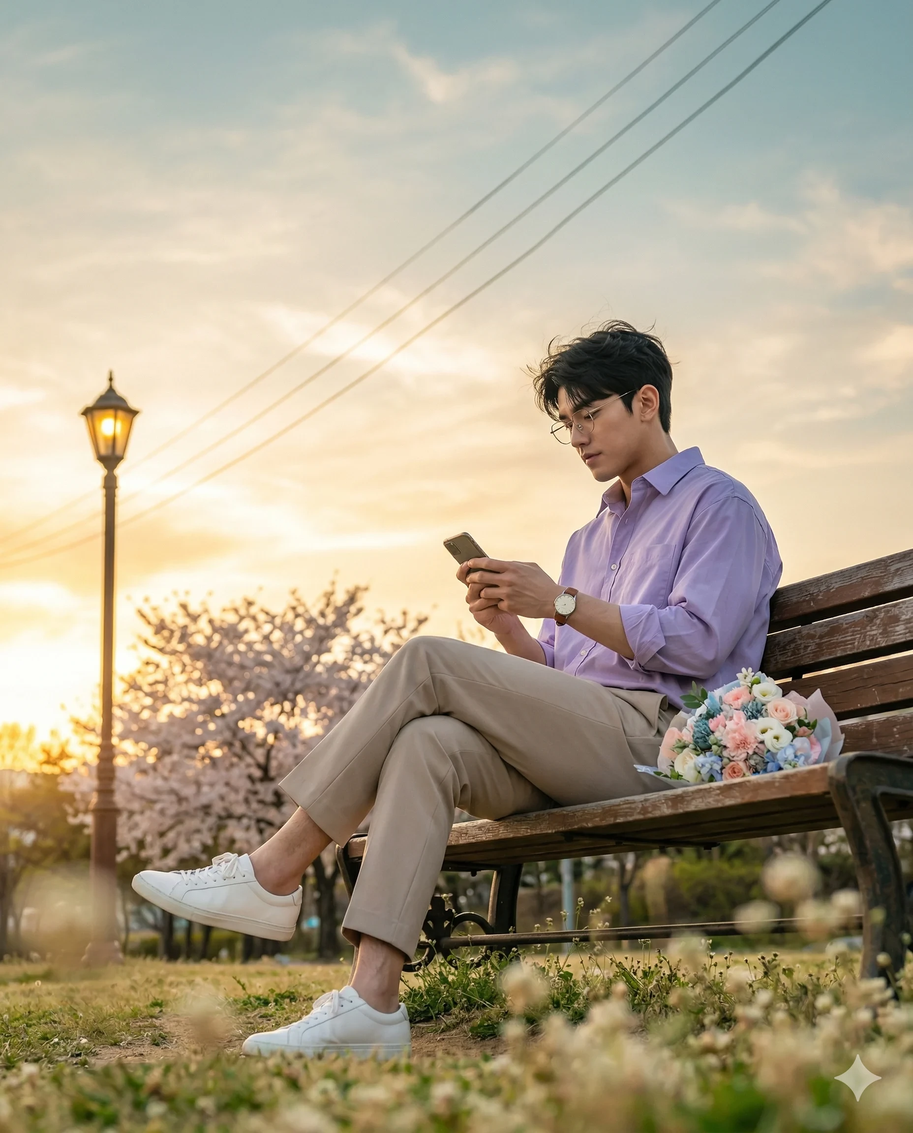 석양 공원 벤치의 남성