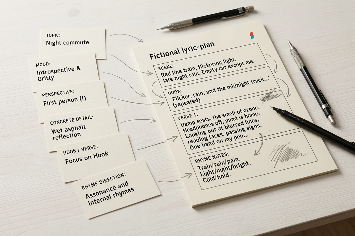 Direction cards for topic, mood, perspective, detail, structure, and rhyme flow into a fictional lyric plan on a desk.