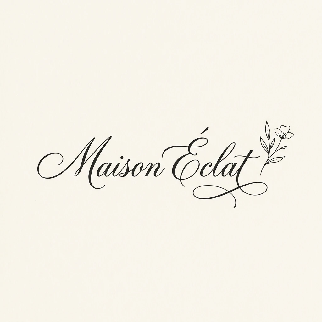 Logo Maison Éclat en écriture cursive noire avec un motif floral minimaliste