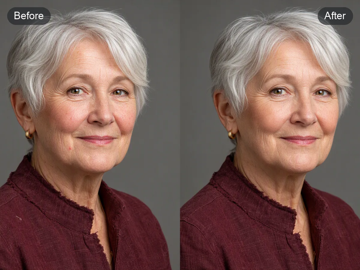 Before-and-after portrait retouching comparison of the same older woman with age and skin texture preserved