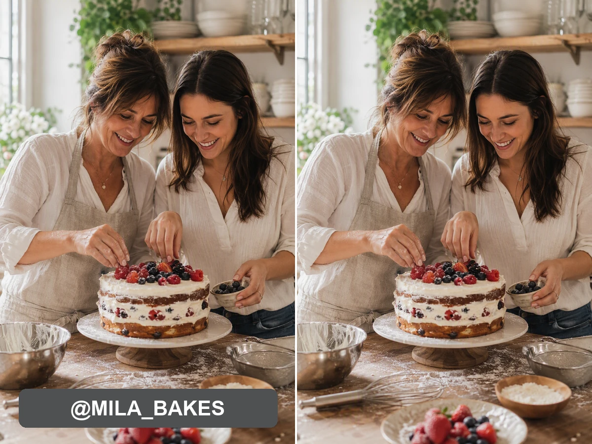 Before-and-after family baking photo with the @MILA_BAKES handle removed.