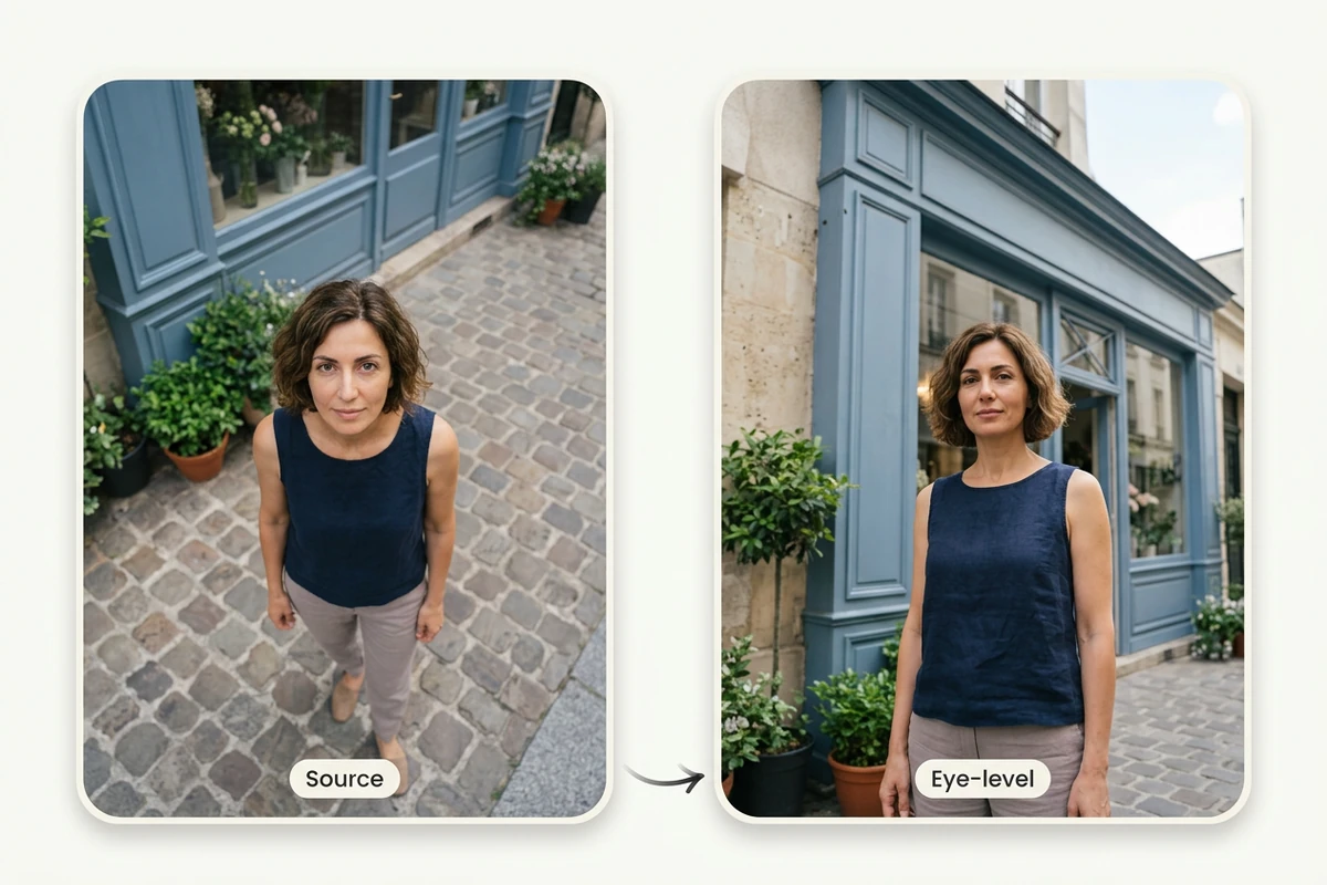 Illustrative comparison of a woman beside a blue storefront from a high viewpoint and a lower, eye-level viewpoint.