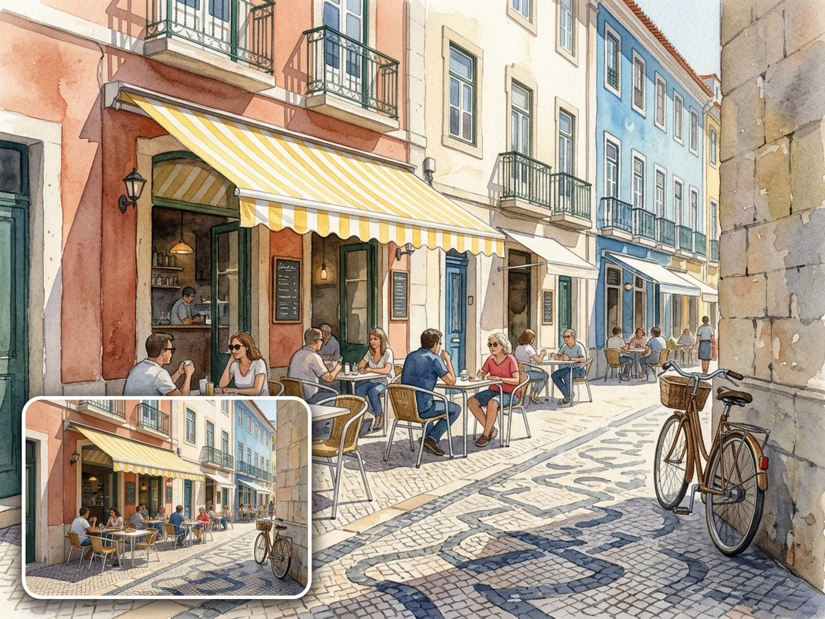Watercolor Lisbon street cafe and bicycle with the original photo inset