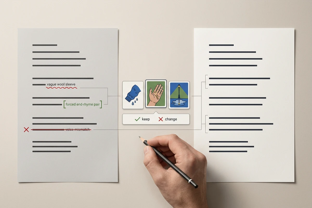 Páginas de poema de antes y después muestran ediciones de verso marcadas junto a tarjetas de contexto sensorial y un escritor con lápiz sobre los controles de revisión.