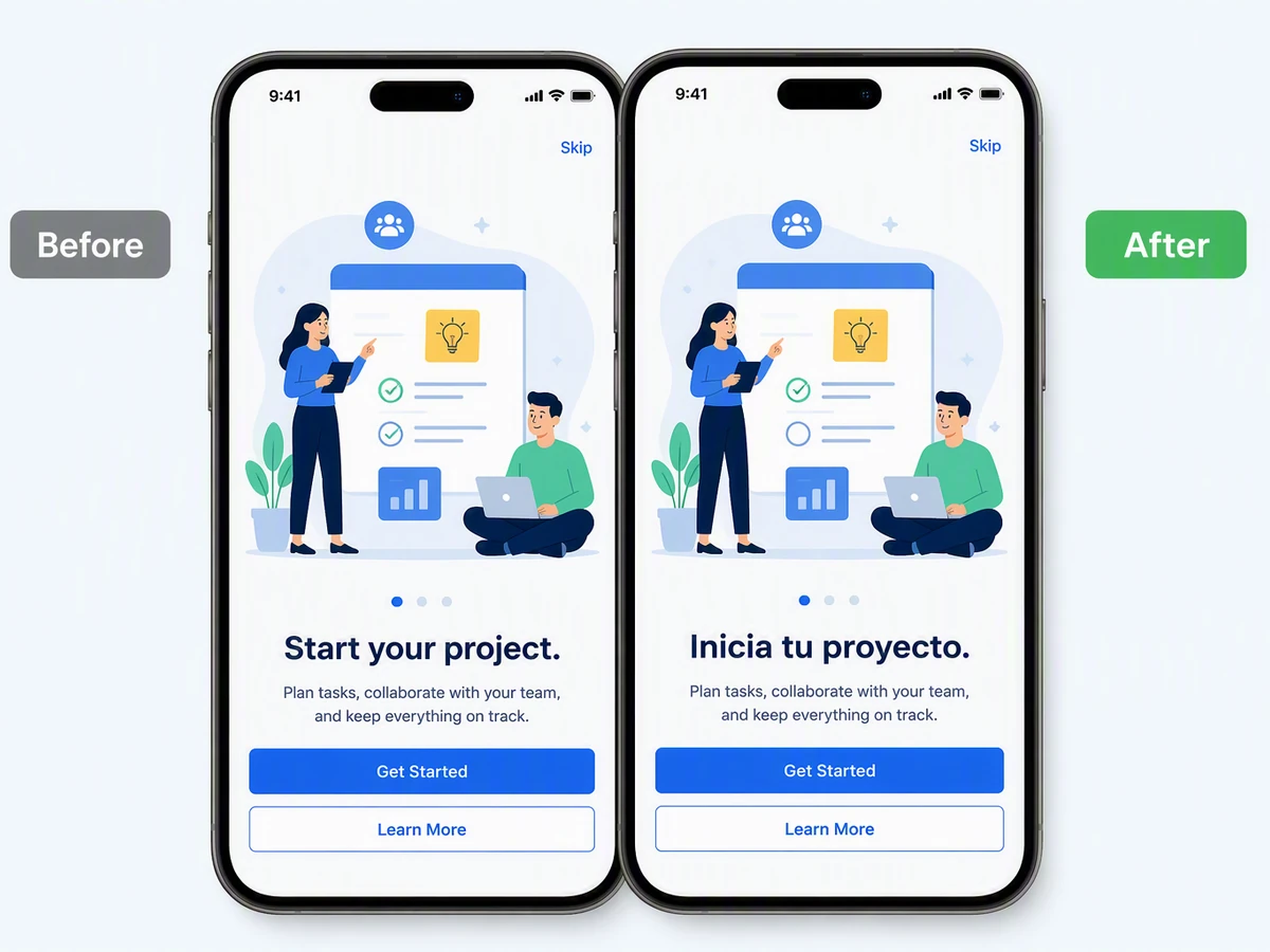 Before and after onboarding screens translating Start your project into Spanish