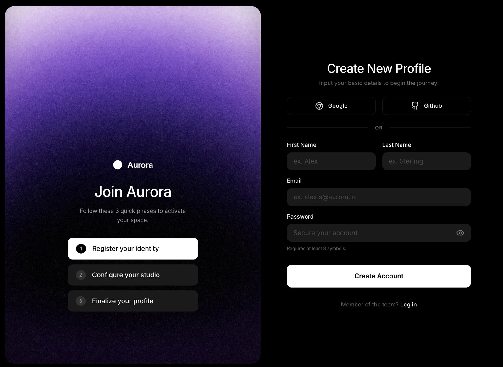 Aurora Onboard Lifestyle Anmelde-Flow design preview