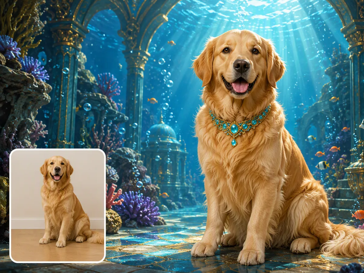Before-and-after portrait of a golden retriever in a luminous underwater palace, with the ordinary indoor photo inset.