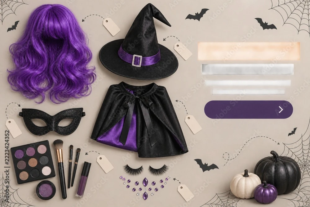 Purple Wig and Cape Halloween Flat Lay