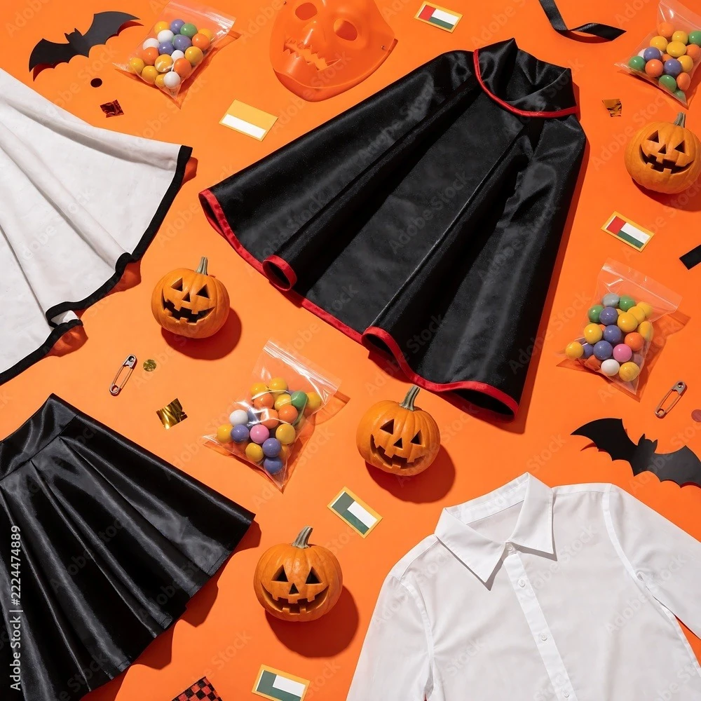 Halloween Costume Flat Lay on Orange