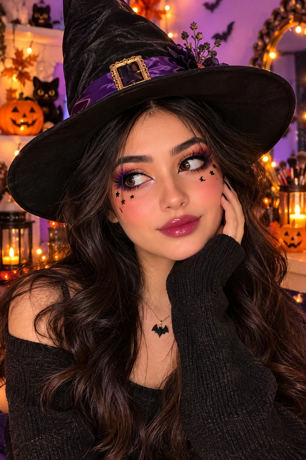Witch in a black hat with star freckles
