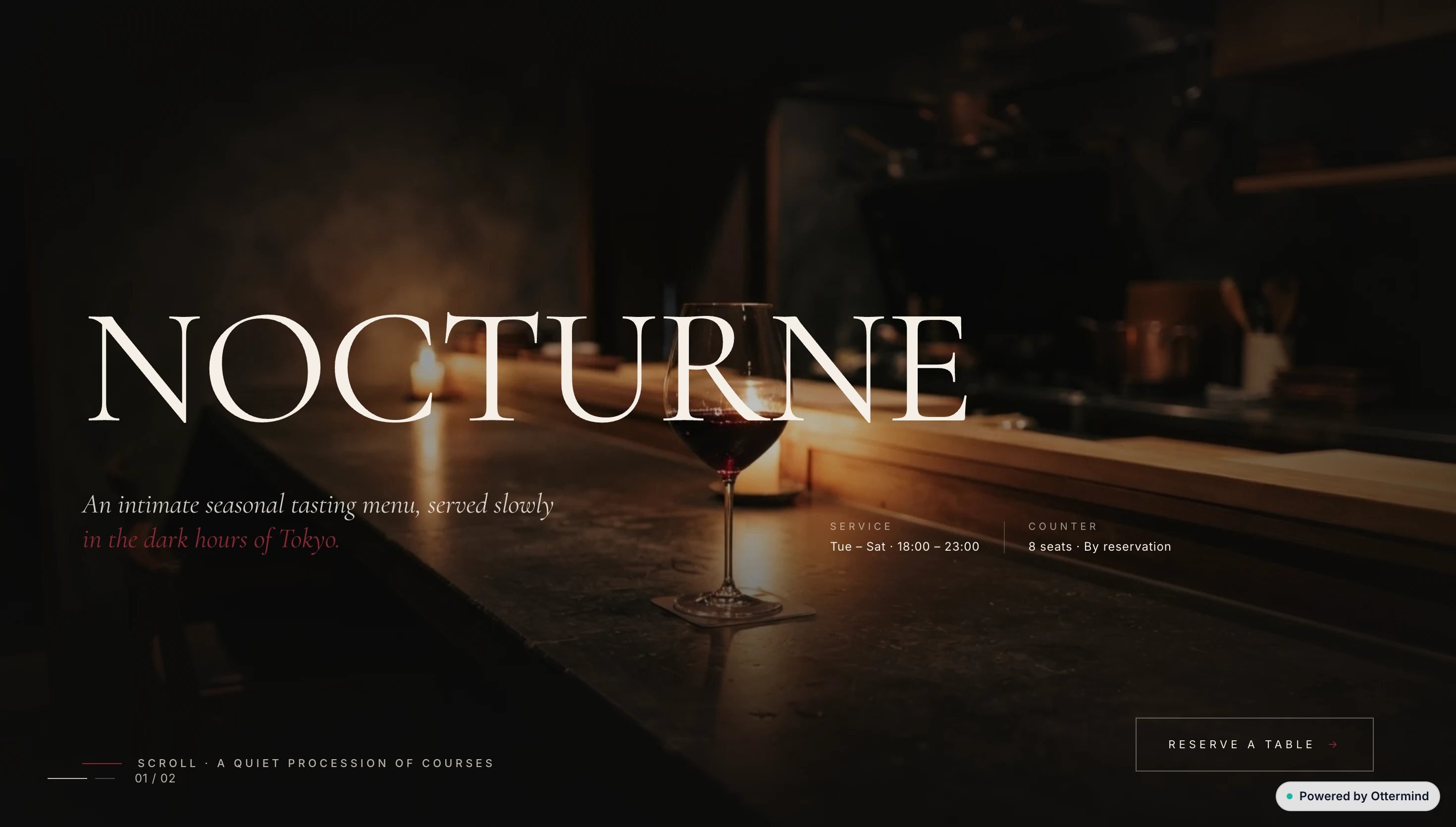 Nocturne restaurant website with a dark candlelit dining photograph