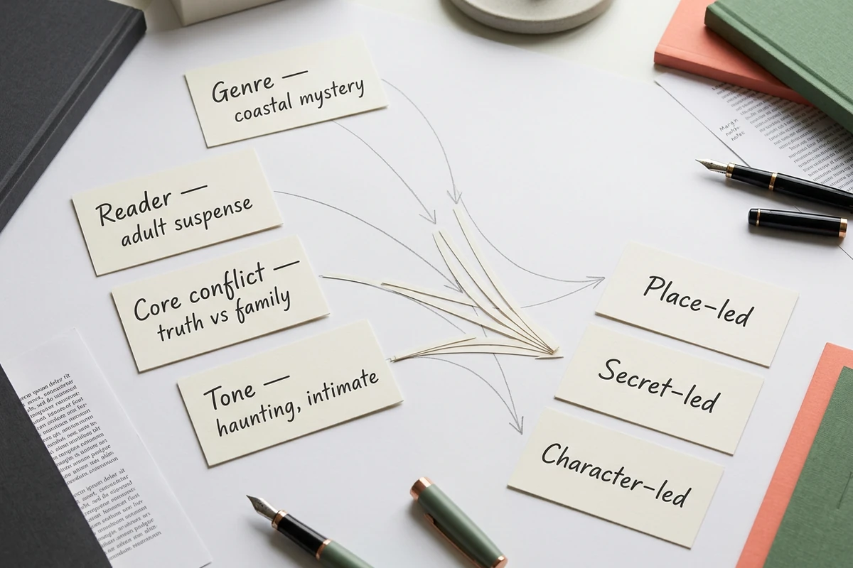 Genre, reader, core conflict, and tone cards converge into place-led, secret-led, and character-led title directions.