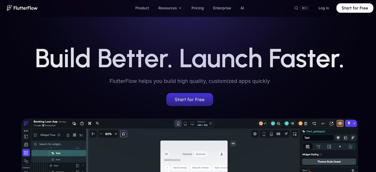 FlutterFlow 首頁展示視覺化行動應用程式建構器