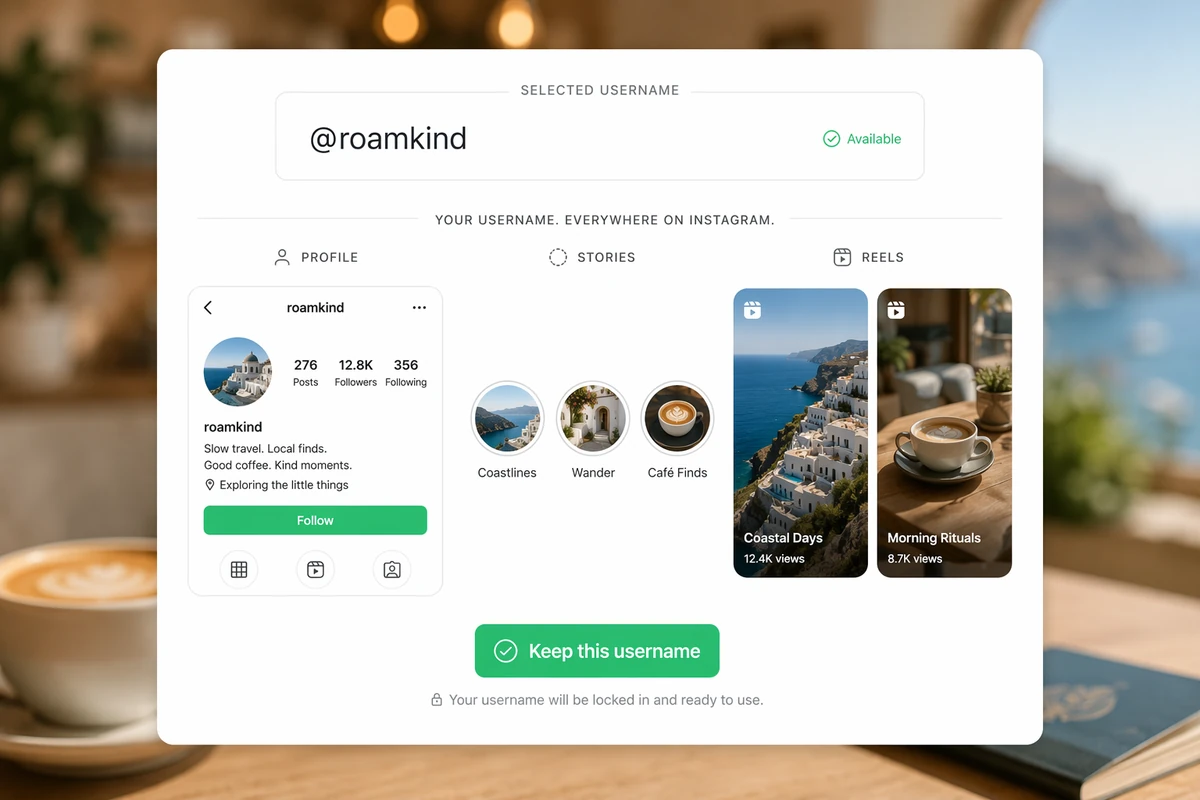 The username roamkind shown across an Instagram profile and several content placements