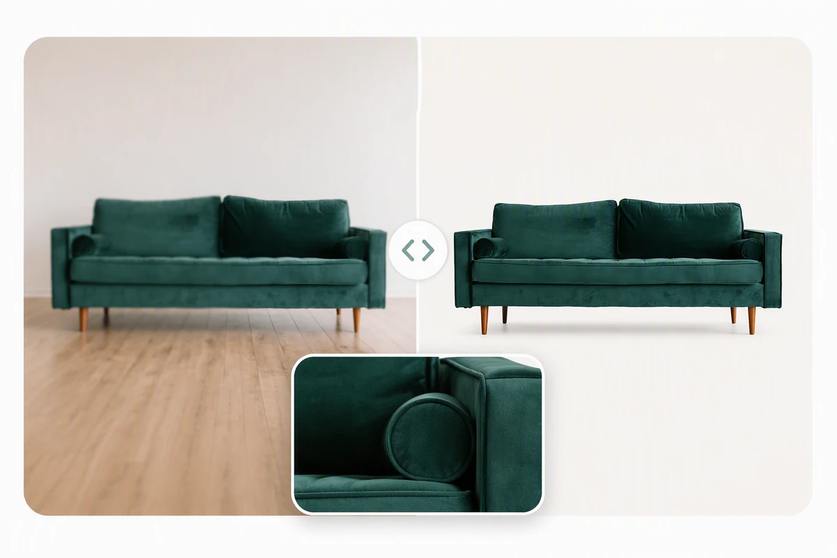 The same dark green lounge chair shown as a low-resolution room photo and a crisp product image with fabric detail.
