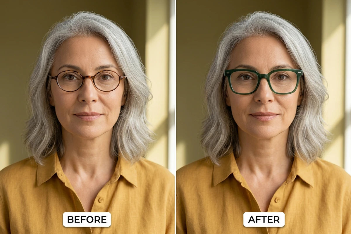 Side-by-side before and after portraits of a woman wearing narrow round tortoiseshell glasses before and wider deep-green angular acetate frames after.
