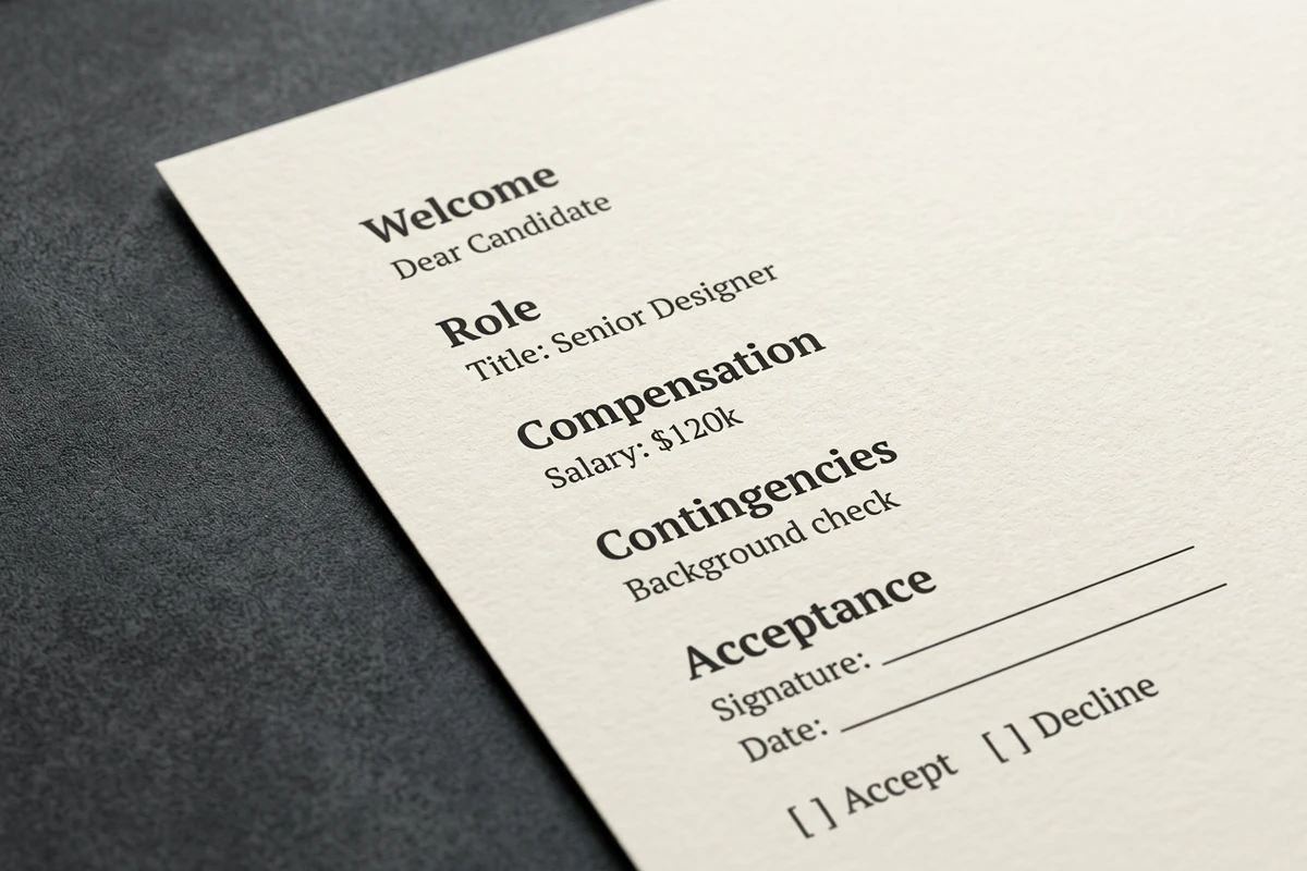 Close-up unbranded offer letter with Welcome, Role, Compensation, Contingencies, and Acceptance signature block.