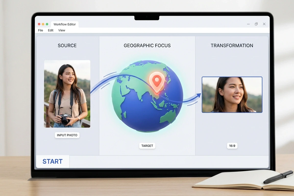 Editor view connecting a traveler portrait to a marked Earth destination