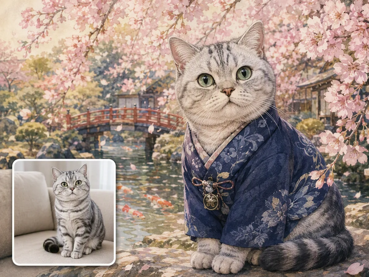 Before-and-after portrait of a silver tabby British Shorthair in a cherry-blossom garden kimono watercolor, with the sofa photo inset.