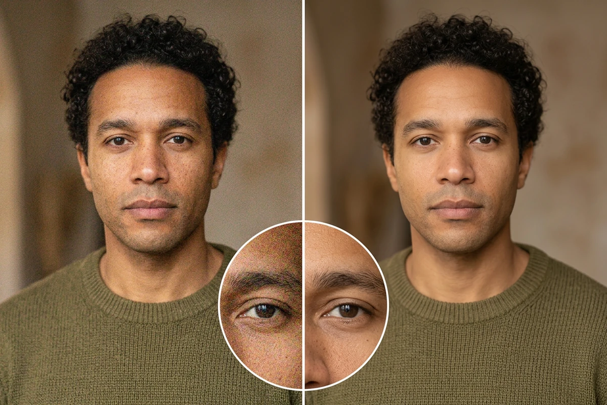 Illustrative portrait comparison of a curly-haired man in an olive sweater, with differing grain levels and an enlarged eye and skin detail.