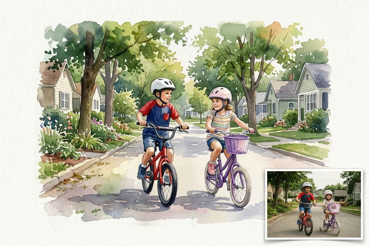Watercolor painting of two children riding bicycles on a leafy neighborhood street, with the matching original photo inset.