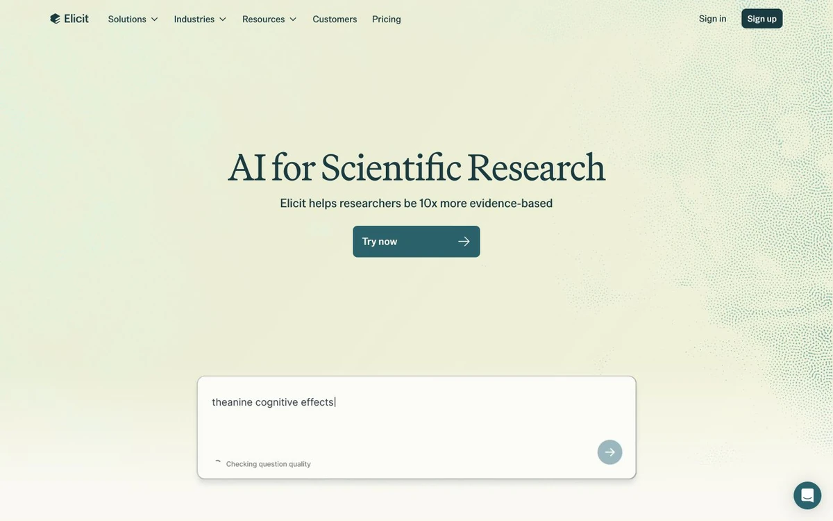 Elicit research assistant homepage showing academic paper search, evidence extraction, and synthesis