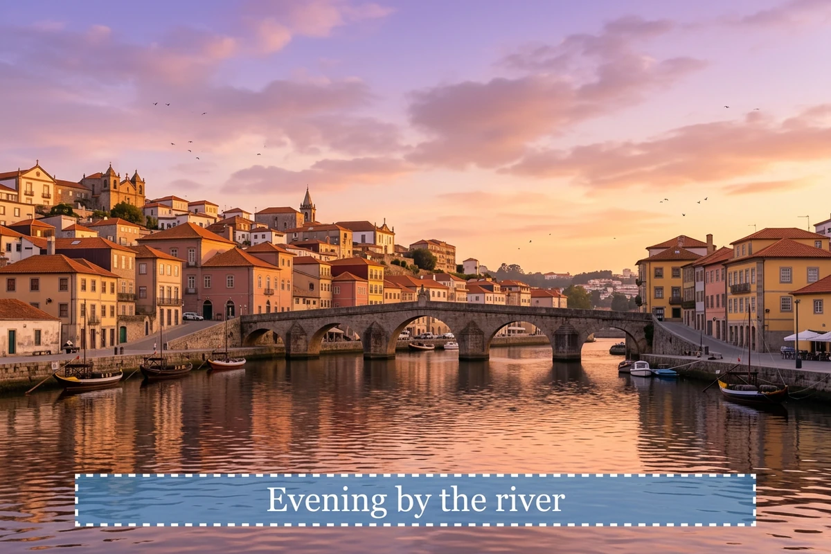 Illustrative riverside scene with a dashed selection box around a subtitle over the water.
