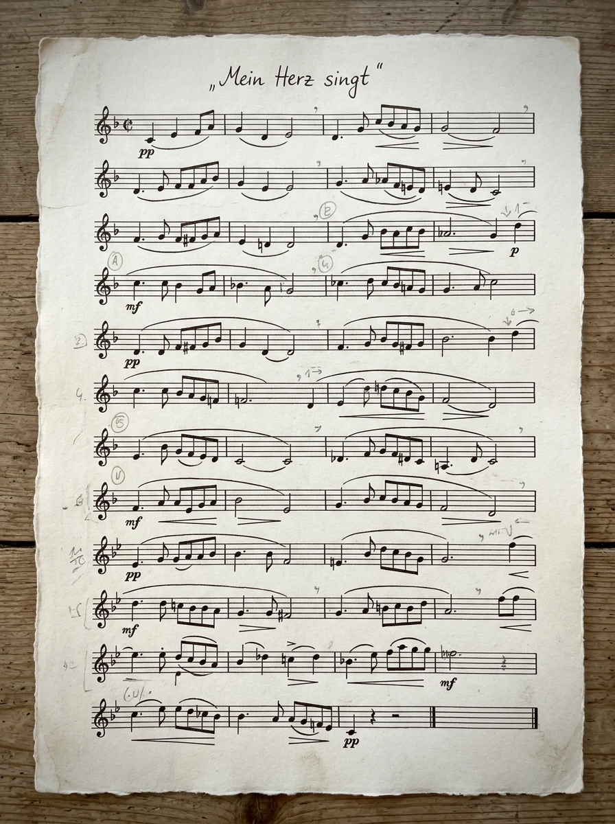 Mein Herz singt handgeschrieben über Notenzeilen auf einem gealterten Manuskriptblatt