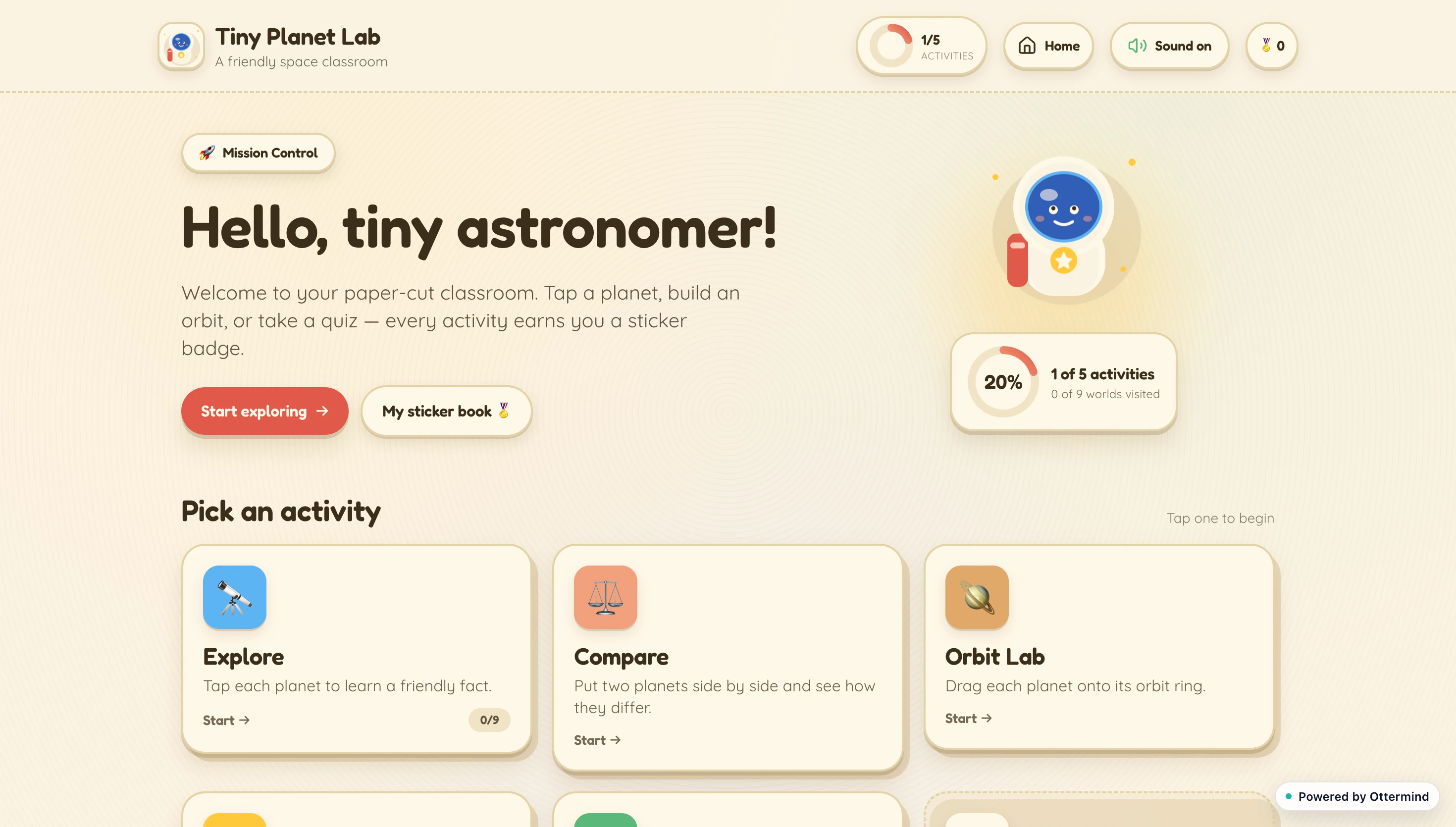 Tiny Planet Lab children's astronomy learning dashboard with activity cards