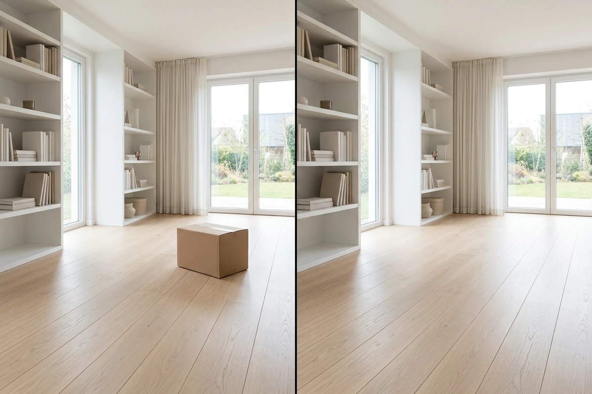 Illustrative side-by-side bright interior with a cardboard box on the left and the box removed from the wood floor on the right.