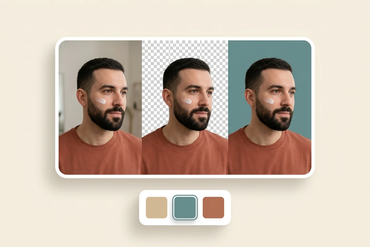 Illustration of the same bearded presenter against a room, transparency checkerboard and solid teal background, with three color swatches.