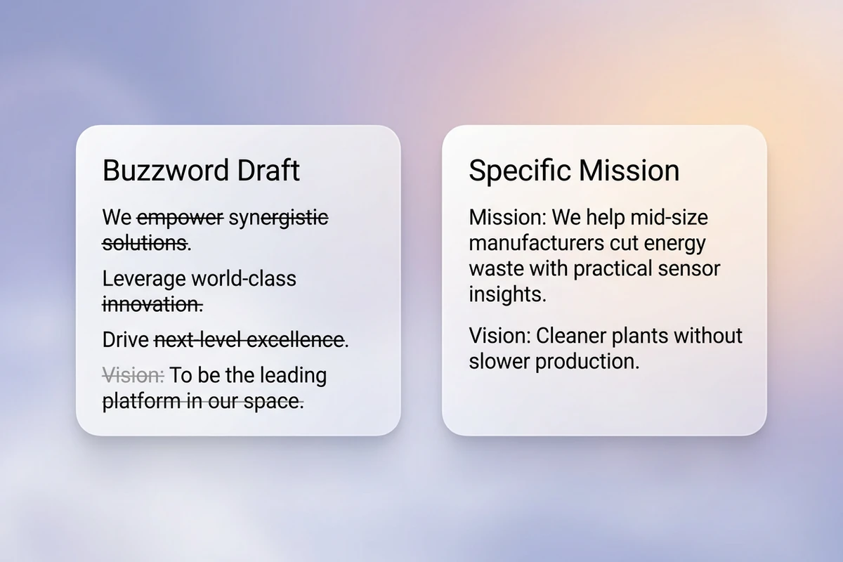Two soft floating cards comparing a struck-through buzzword draft with a specific mission and separated vision line.