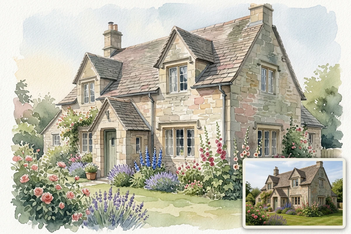 Watercolor painting of an old stone house and flower garden, with the matching original photo inset.
