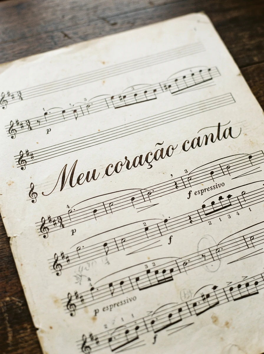 Verso Meu coração canta em escrita cursiva sobre uma partitura envelhecida