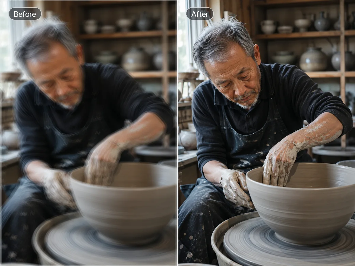 Before-and-after of a ceramic artist at a pottery wheel, camera-shaken on the left and sharp on the right.