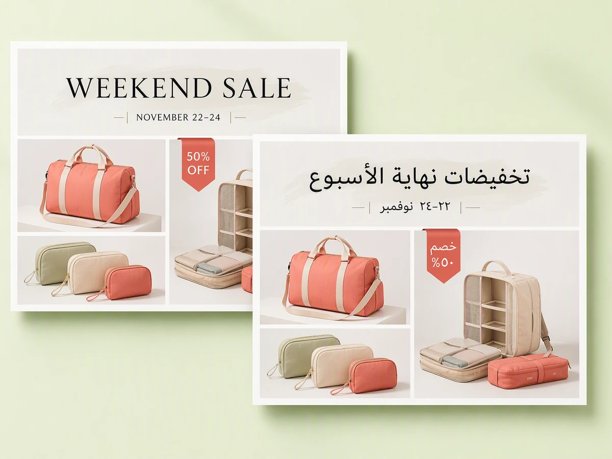 Overlapping English and Arabic versions of the same fictional weekend sale advertisement.