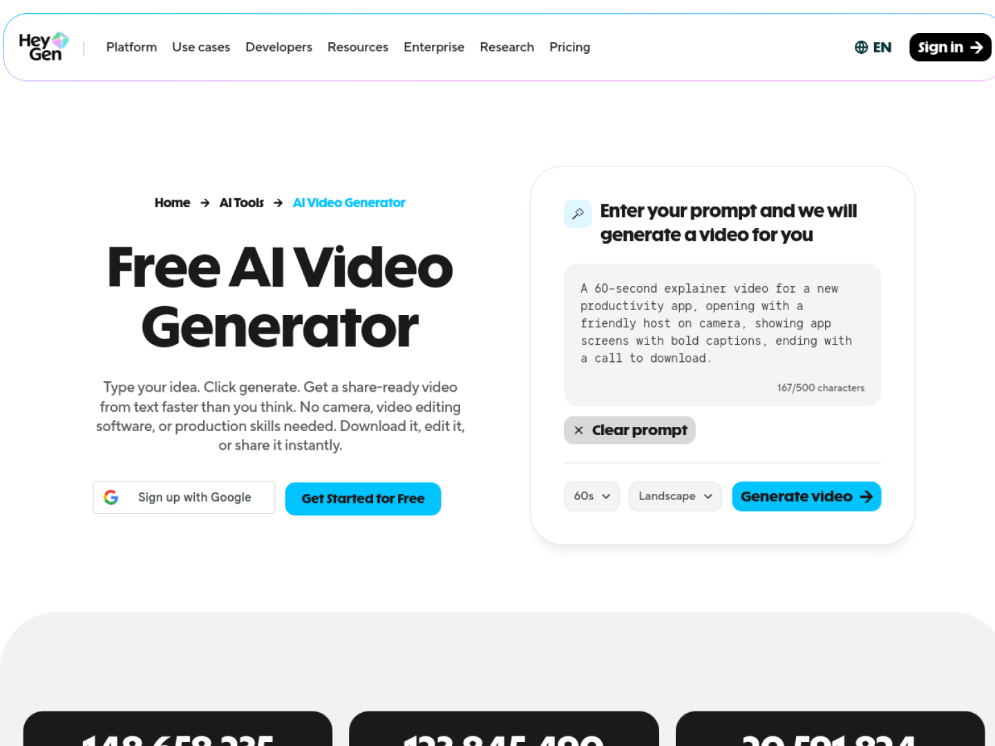 HeyGen AI Video Generator page showing avatar-led presenter video creation