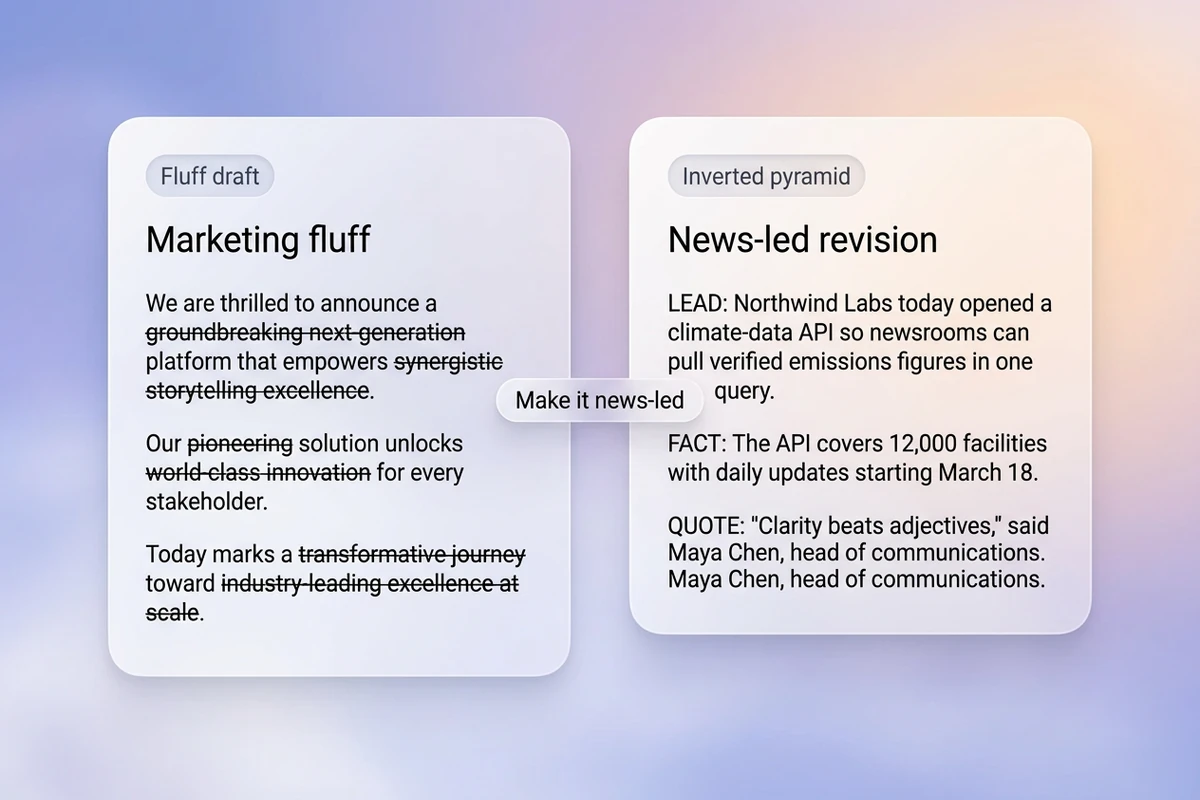 Split soft cards comparing a struck-through marketing fluff draft with a news-led inverted-pyramid revision.