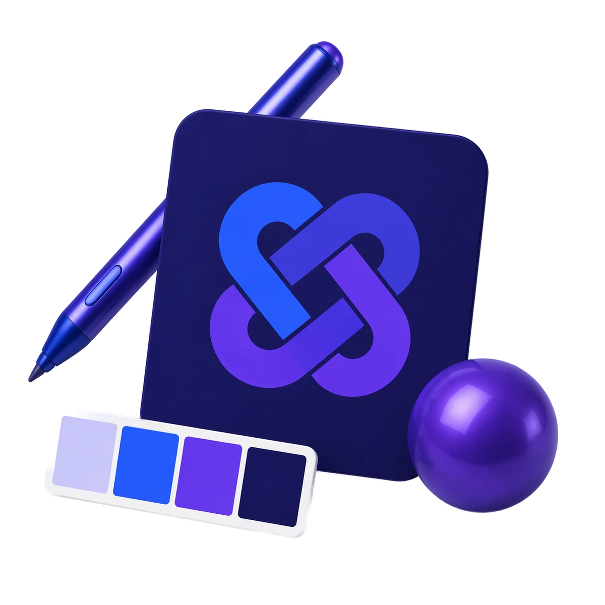 Blue and purple abstract knot logo shown with a color palette and design tools
