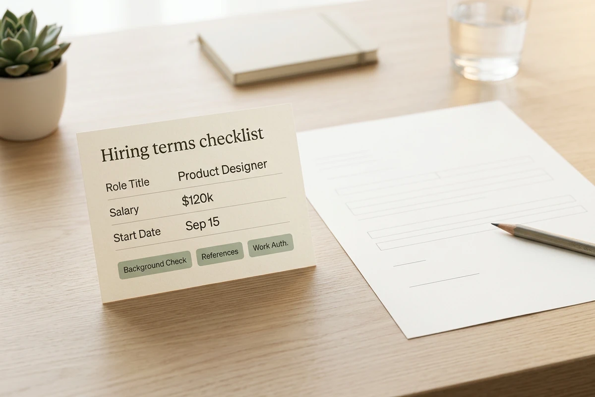 Desk with hiring terms checklist card listing role, salary, start date, and contingency chips beside a blank offer draft.