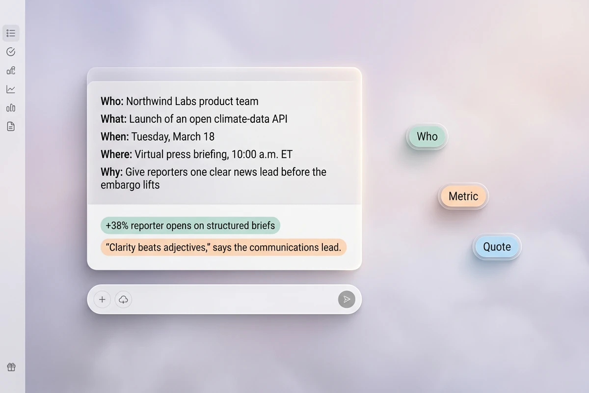 Asymmetric soft composer with a 5 Ws briefing, metric and quote chips, and Who, Metric, and Quote pills on luminous mist.