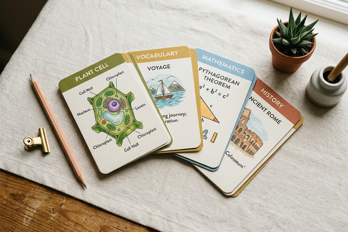 Composição atrativa de flashcards ilustrados de biologia e idiomas