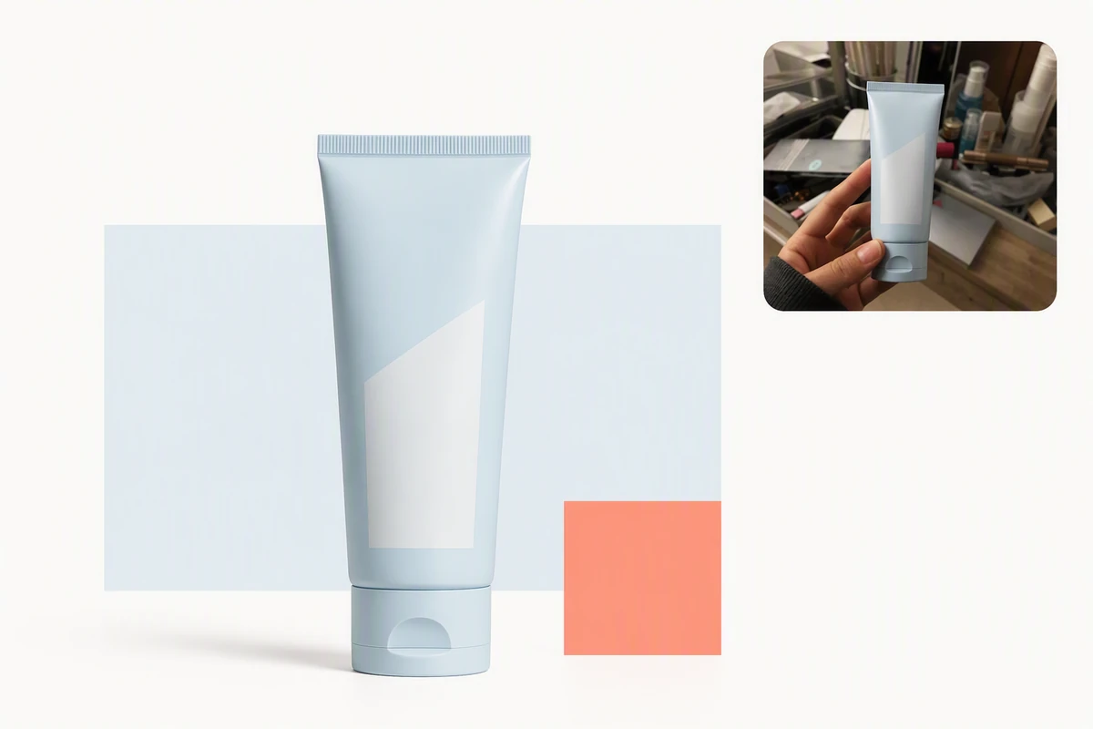 Polished pale-blue skincare tube beside an inset raw phone photo on a clean editorial background