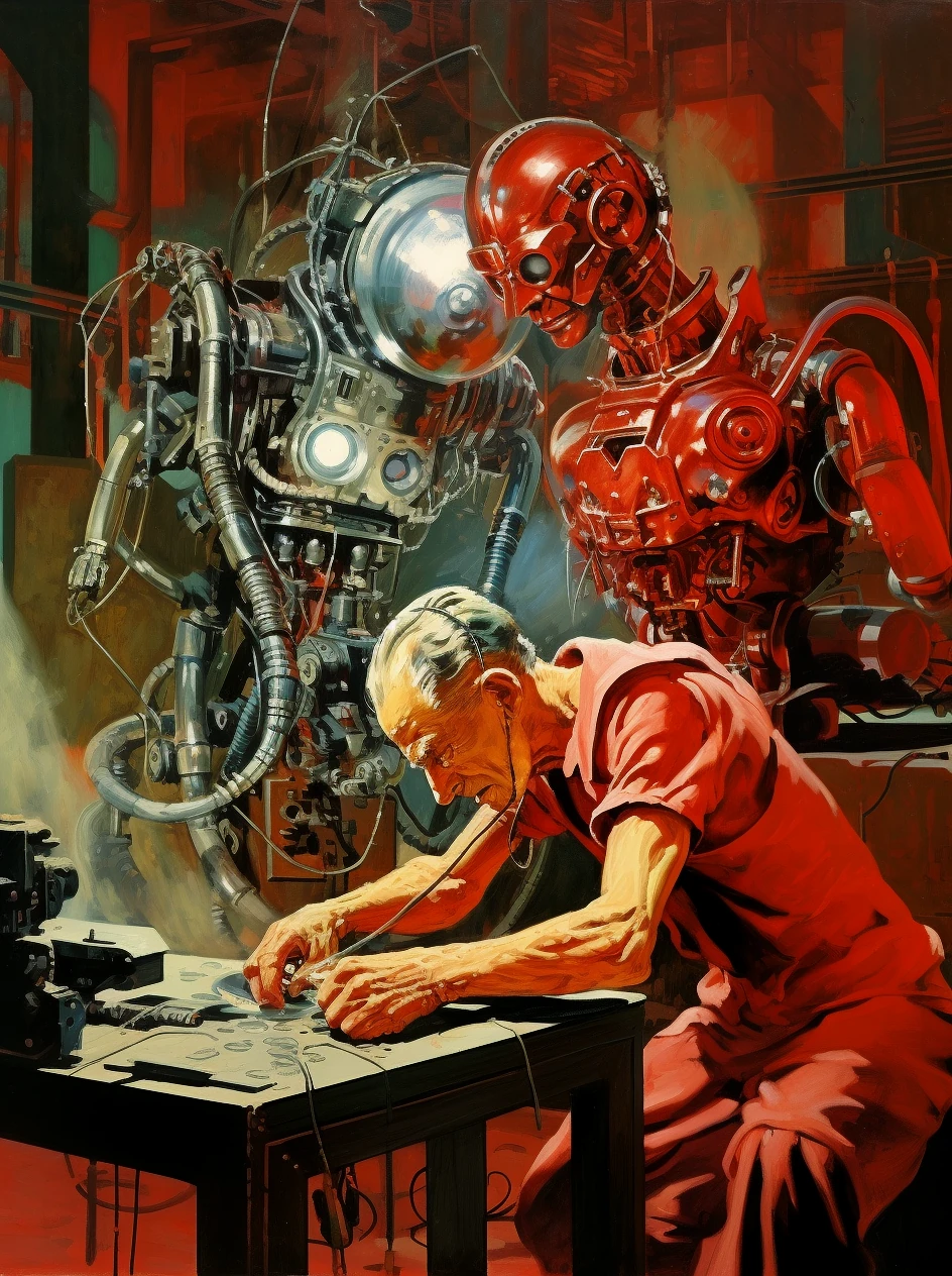 로봇 장치가 있는 레트로 미래 작업실