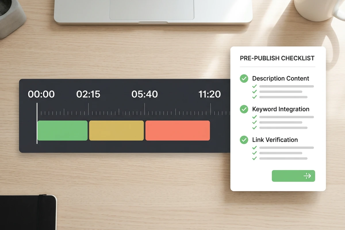 Chapter timeline starting at 00:00 beside checks for description uniqueness, keywords, and links